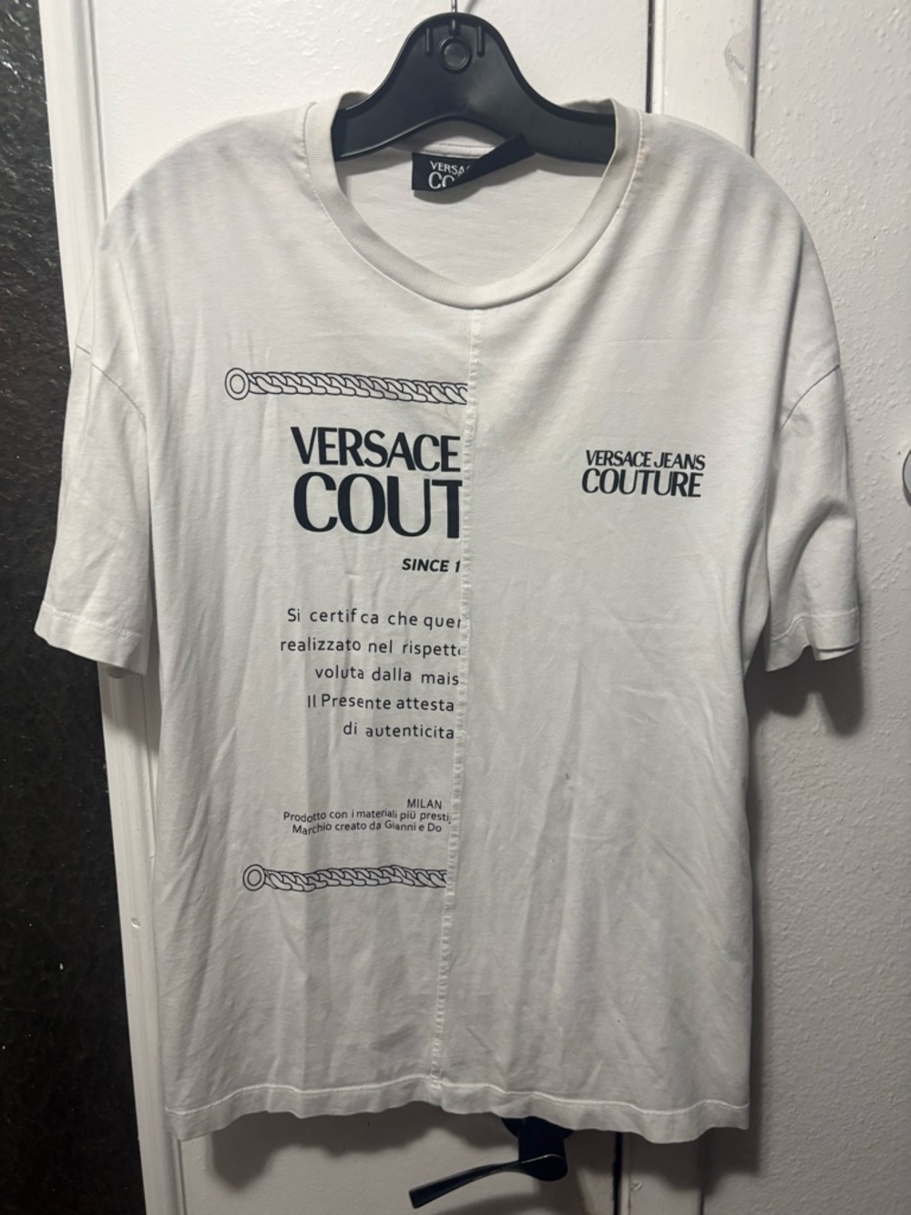 Vintage Versace Jeans Couture White Graphic Split-Print T-Shirt men’s size small